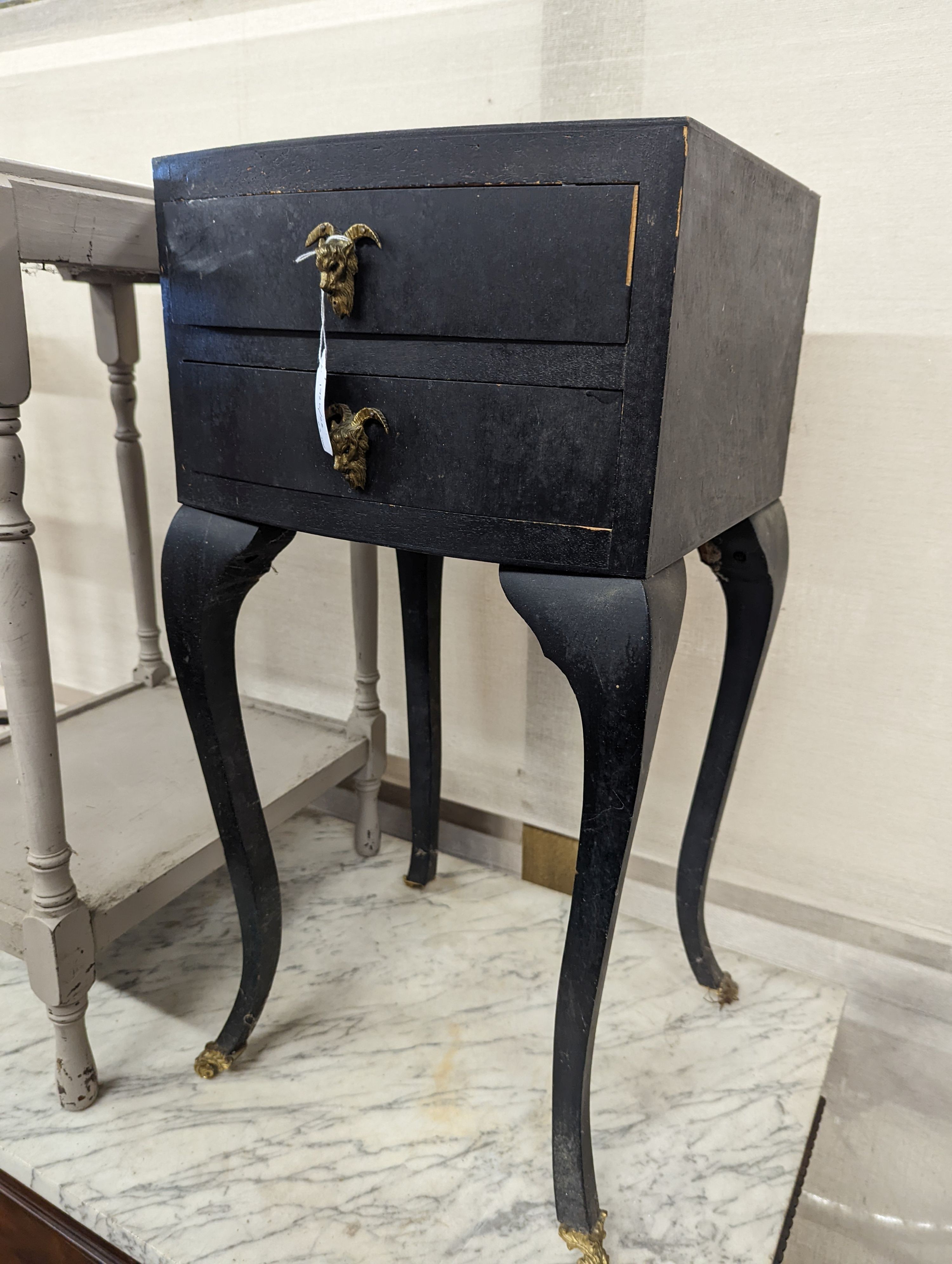 A painted two-tier table together with two other small painted tables, largest width 45cm, depth 36cm, height 69cm